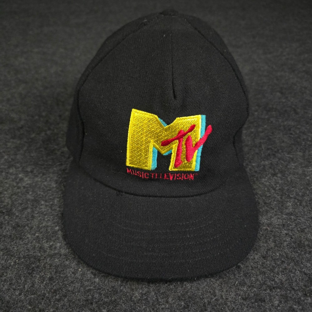 Vtg 90s MTV Music Television Wool Snapback Hat Black Green Underbrim Retro Logo
